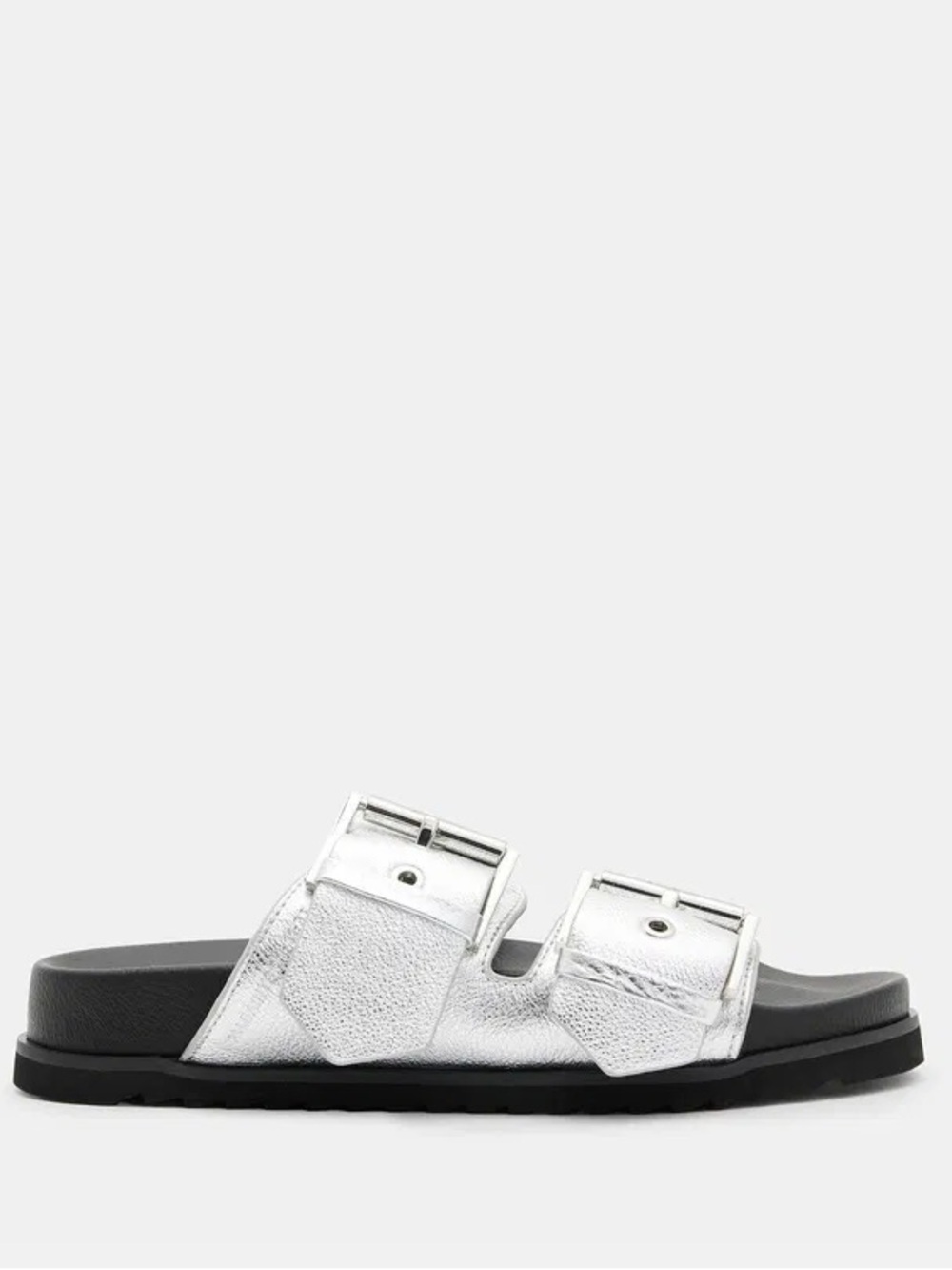 All Saints Sian Metallic Leather Chunky Buckle Slide Sandals Sz 6